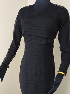 London Times Petites Black Mesh Sleeve Ruched Band Dress Size 6P